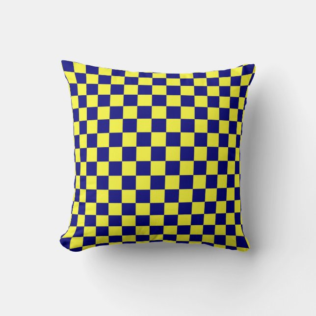 Coussin de jet à motif d'échiquier jaune et bleu (Recto)