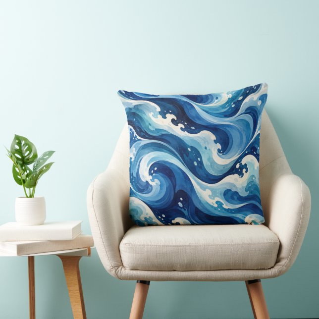 Coussin de jet abstrait Vagues de l'océan bleu Aqu (Chaise)