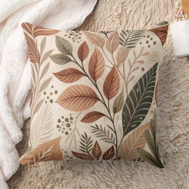 Coussin de jet botanique terreux à motif de feuill (Couverture)