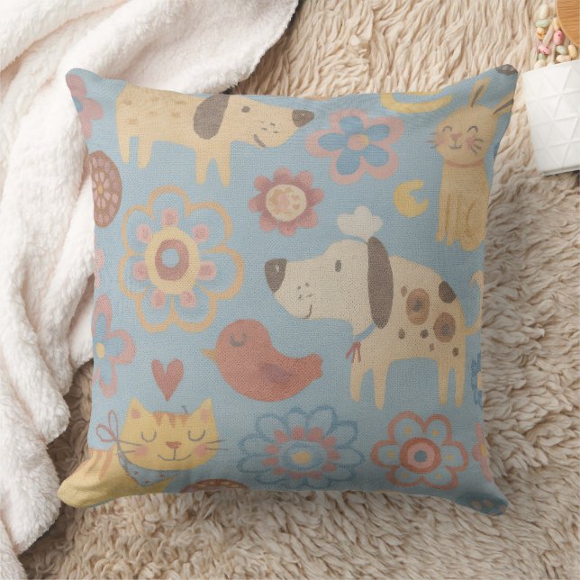 Coussin de jet - Chiens, chats, oiseaux et fleurs  (Couverture)