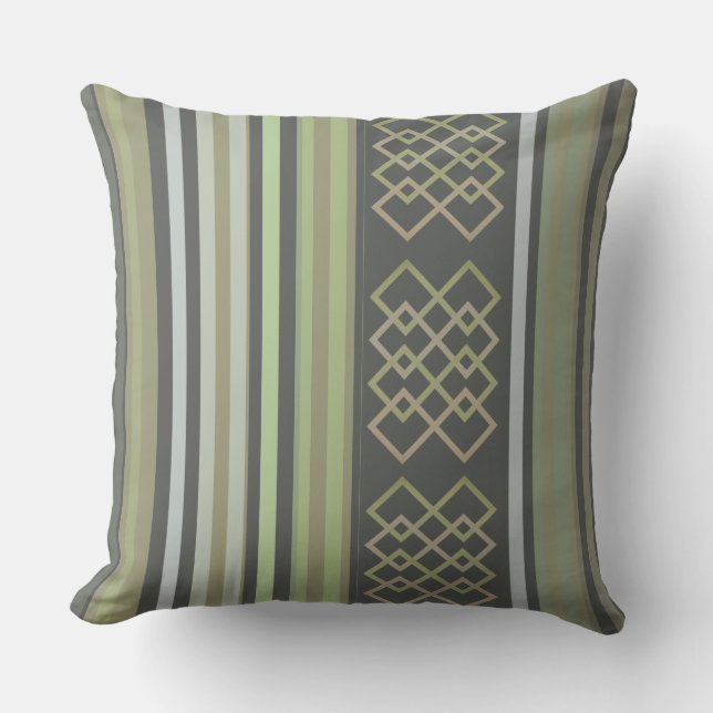 Coussin de jet classique vert gris rayé avec motif (Recto)