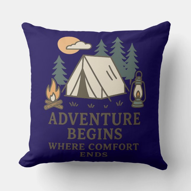 Coussin de jet « Comfort Ends | Citation de campin (Recto)