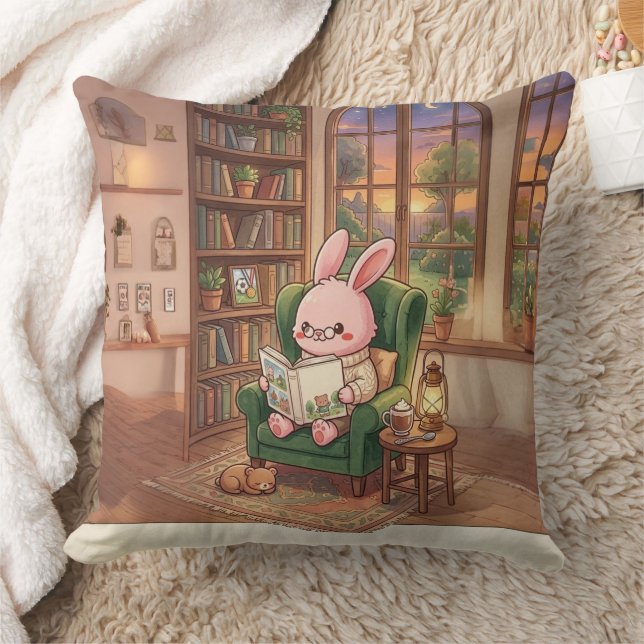 Coussin de jet 'Cozy Bobo le lapin lisant un livre (Couverture)