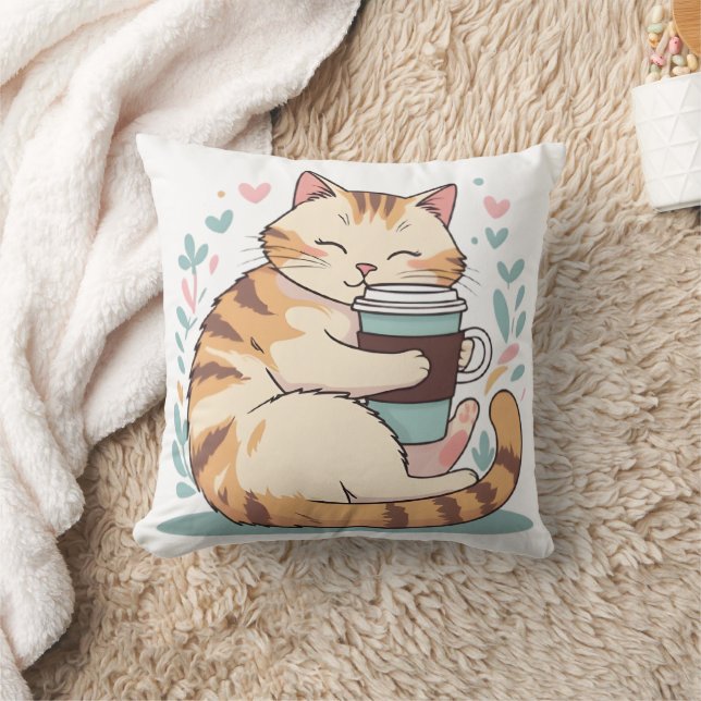Coussin de jet Cute Cat Hugging Coffee Cup | Tissu (Couverture)