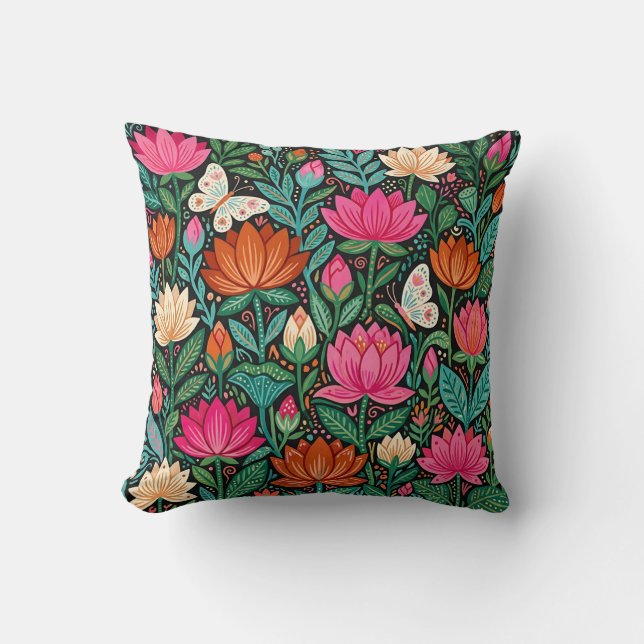 Coussin de jet de fleur de lotus – Art folklorique (Recto)