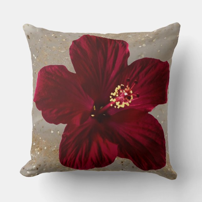Coussin de jet de fleur d'Hibiscus Rouge Élégant | (Recto)