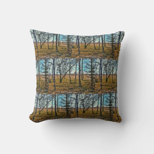 Coussin de jet de motif d'arbres de forêt automnal (Recto)