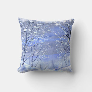 Coussin de jet de peinture aquarelle Woods hiverna