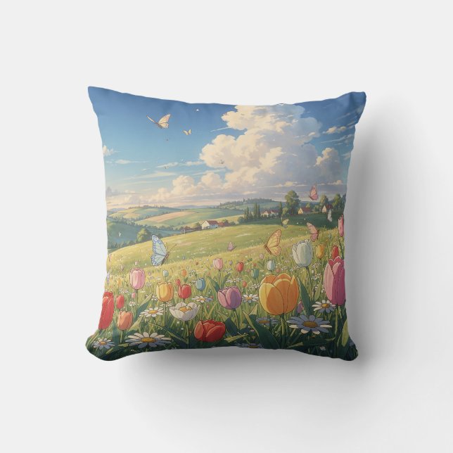 Coussin de jet de prairie de tulipes de printemps (Recto)