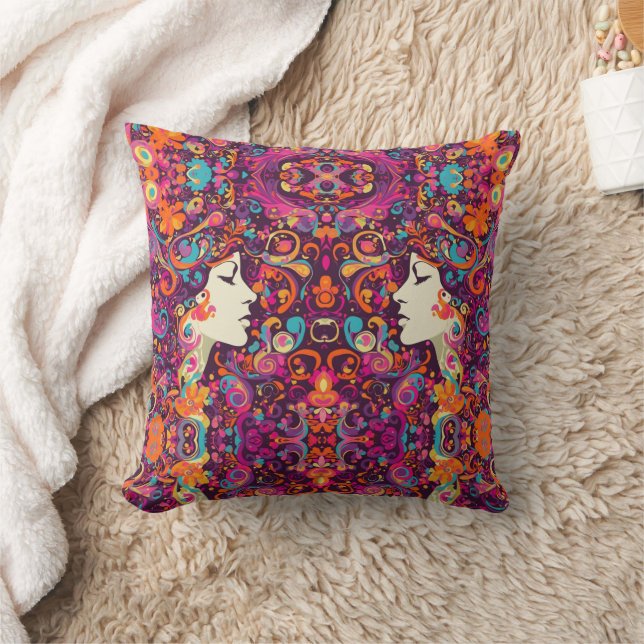 Coussin de jet de style bohème hippie rétro multic (Couverture)
