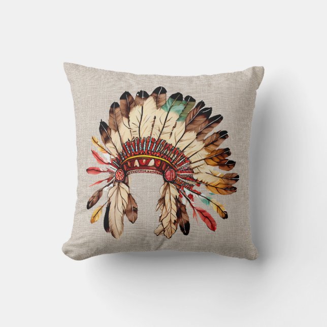 Coussin de jet décoré d'une coiffe amérindienne (Recto)