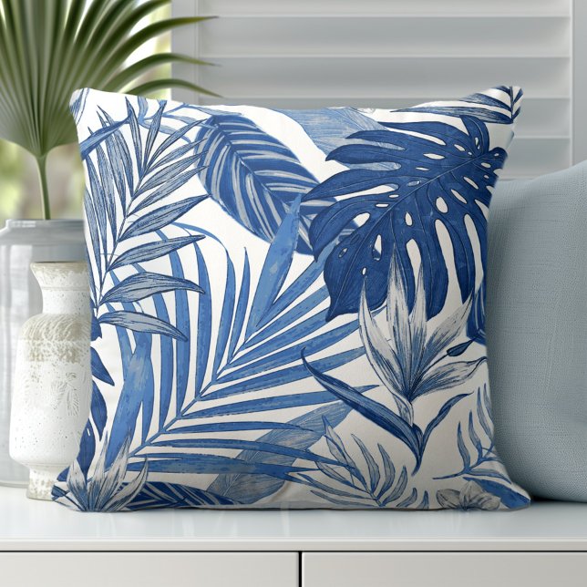 Coussin de jet élégant aux feuilles de palmier ble (Elevate Your Décor: Discover our Elegant Coastal Throw Pillows in Blue & White)
