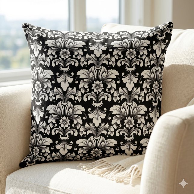 Coussin de jet élégant en Damas noir et blanc (Créateur téléchargé)