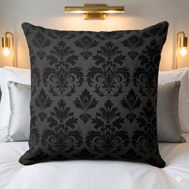 Coussin de jet élégant en Damas noir sur charbon (Créateur téléchargé)