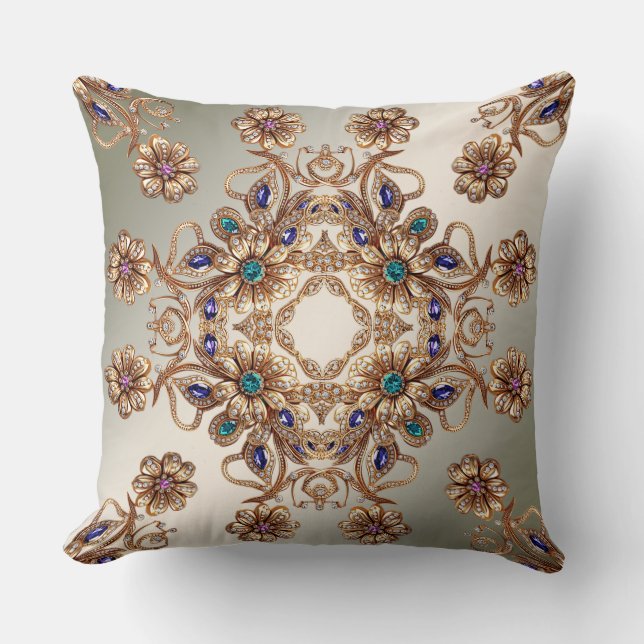 Coussin de jet élégant fleurs bijoux or (Recto)
