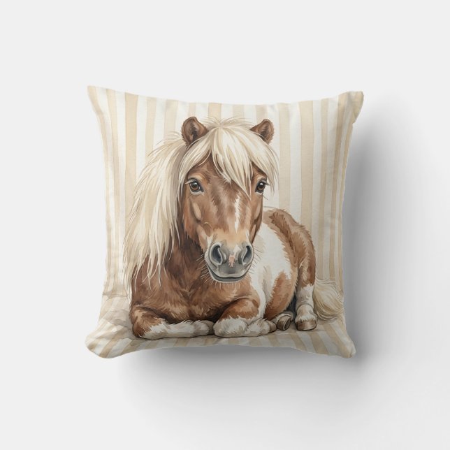 Coussin de jet en aquarelle Poney des Shetland (Recto)