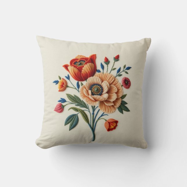 Coussin de jet en corail brodé de tulipe Iznik (Recto)
