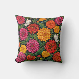 Coussin de jet en dahlia et papillon d'art populai