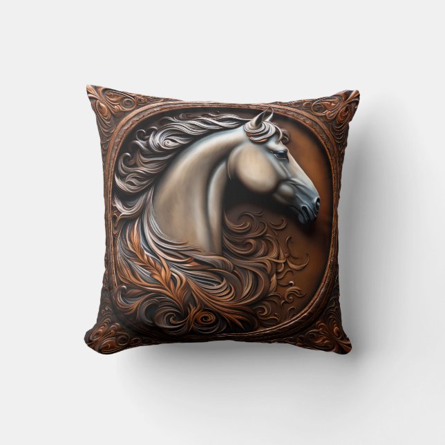 Coussin de jet en faux bois sculpté de cheval (Recto)