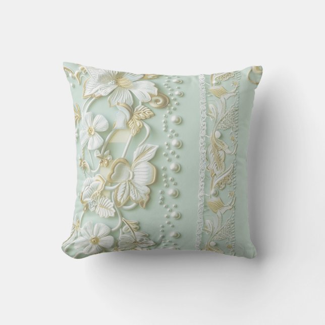 Coussin de jet en faux dentelle florale vert vinta (Recto)