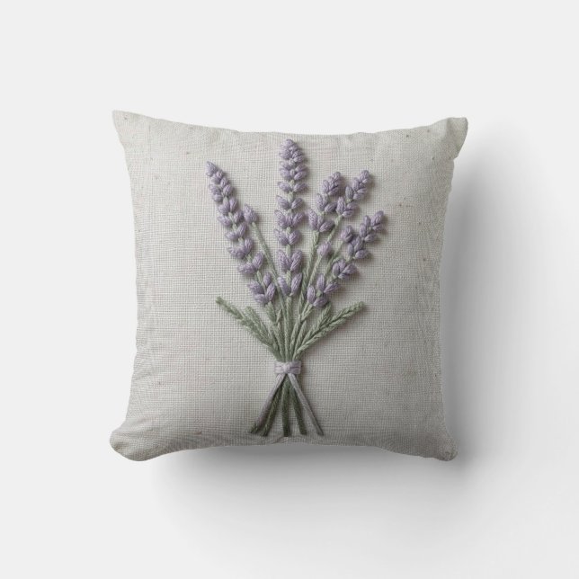 Coussin de jet en lin brodé de lavande (Recto)