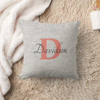 Coussin de jet en tissu de lin gris rustique Monog