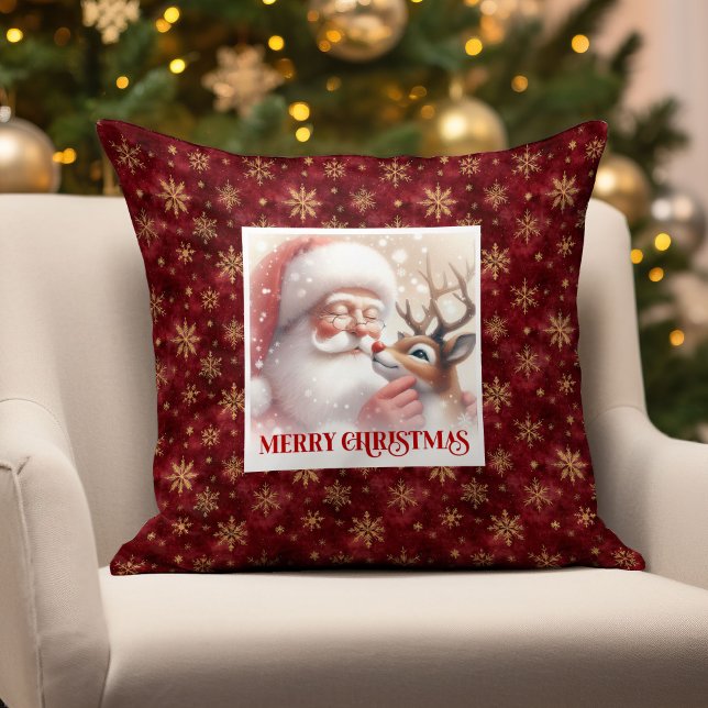 Coussin de jet festive de Noël Rudolph Père Noël  (Santa Claus Rudolph Festive Holiday Throw Pillow Gift

)