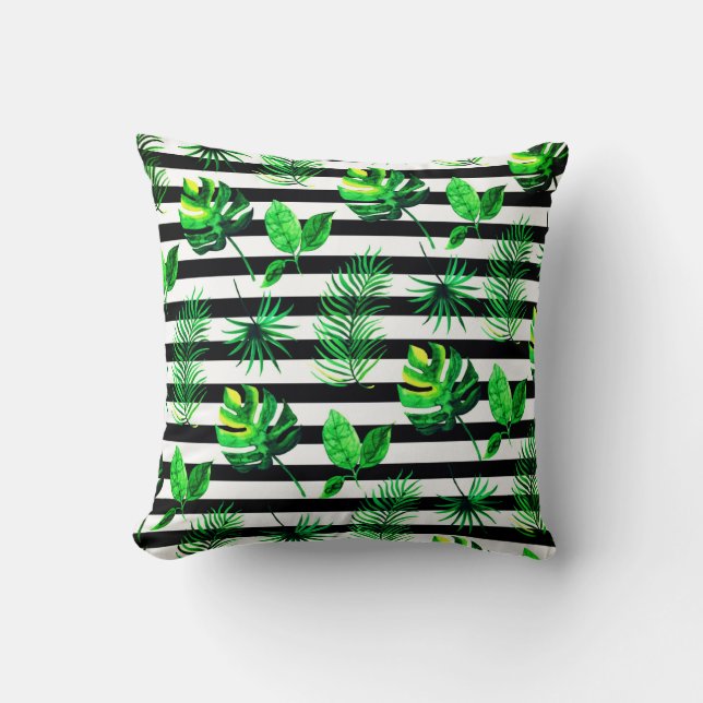 Coussin de jet - Feuilles tropicales avec rayures (Recto)