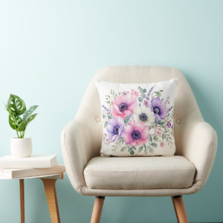 Coussin de jet floral à fleur d'anémone aquarelle