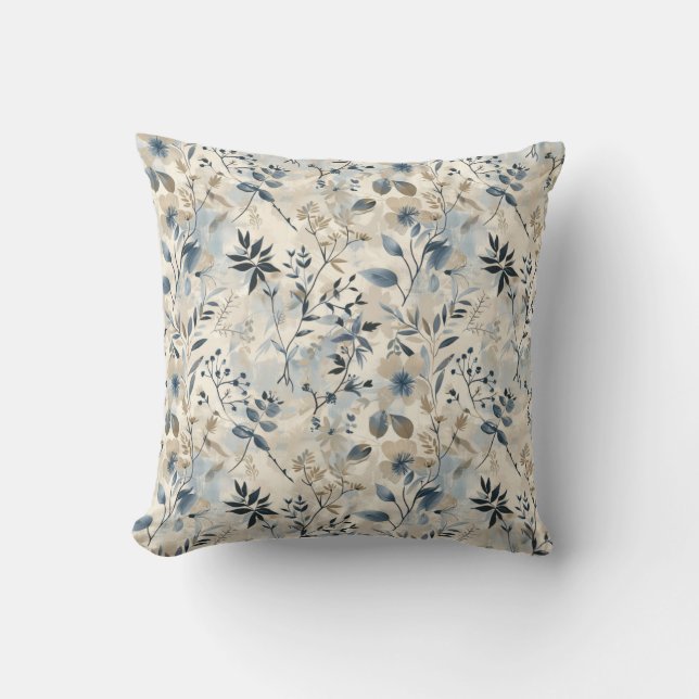 Coussin de jet floral bleu vintage neutre (Recto)