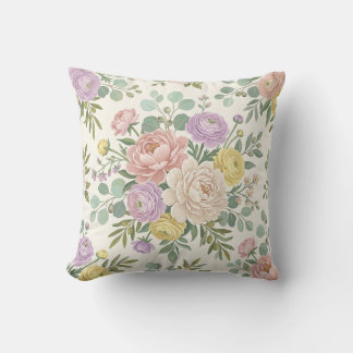 Coussin de jet floral doux pastel Pivoine