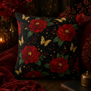 Coussin de jet floral Glam Roses rouges Papillon d