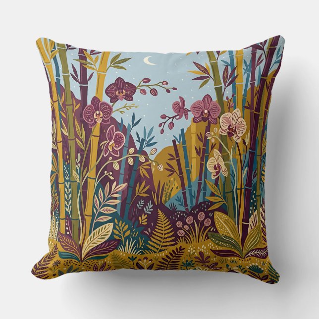 Coussin de jet Forêt de bambou – Moutarde prune (Recto)