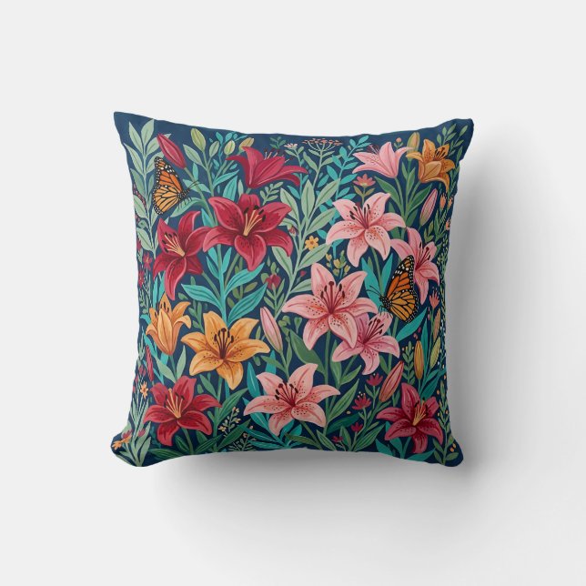 Coussin de jet Lilies Garden – Papillons monarques (Recto)