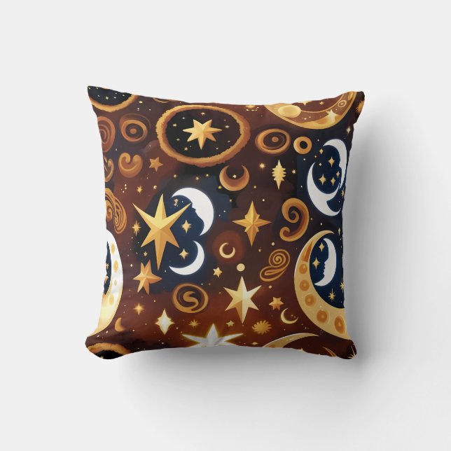 Coussin de jet – Motif de lune céleste ocré doré (Recto)