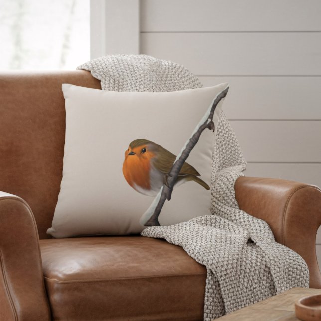 Coussin de jet naturel de branche hivernale de Rob (A lone robin sits on a winter branch. He would love to sit on your sofa or armchair)