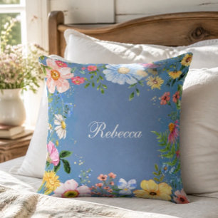 Coussin de jet personnalisé à motif floral bleu