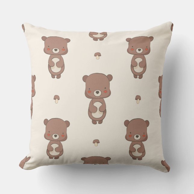 Coussin de jet pour nurserie Ourson et Champignons (Recto)