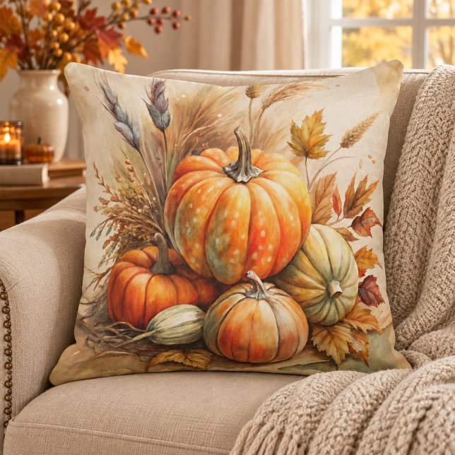 Coussin de jet Rustique Citrouilles & Feuilles Boh (Rustic Pumpkins & Leaves Boho Fall Throw Pillow)