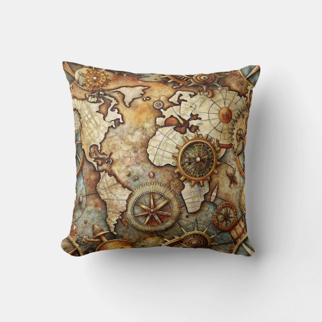 Coussin de jet steampunk ancienne carte (Recto)