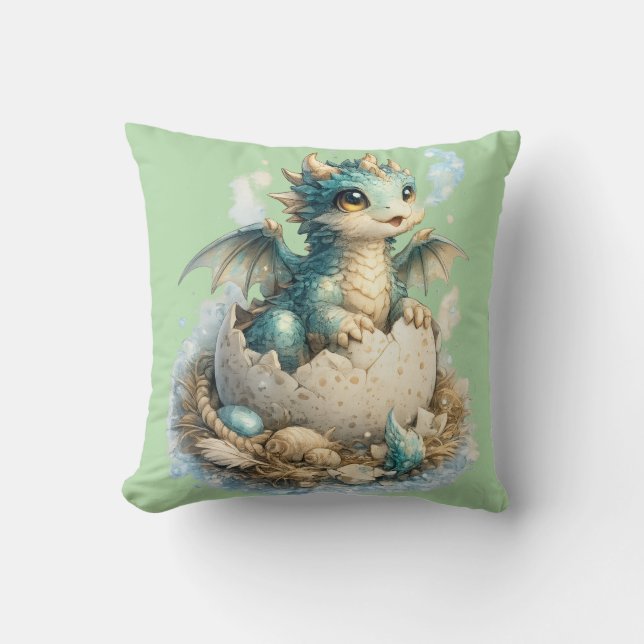 Coussin de jet vert dragon bébé mignon qui éclot (Recto)