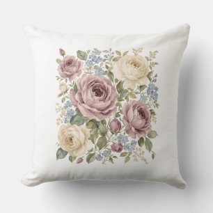 Coussin de jet vintage à motif de rose botanique e