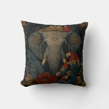 Coussin de jet vintage éléphant et perroquet à mot