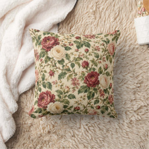 Coussin de jet vintage floral à motif de rose angl