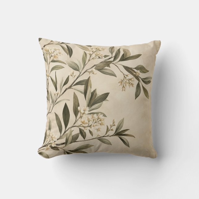 Coussin de jeté à branche d'olive botanique (Recto)