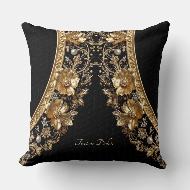 Coussin de jeté à fleurs ornementales dorées (Recto)