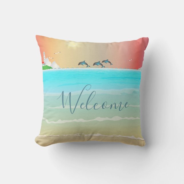 Coussin de jeté à thème de plage avec dauphins (Recto)