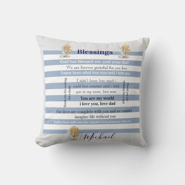 Coussin de jeté bleu et blanc rayé Bénédictions  (Recto)