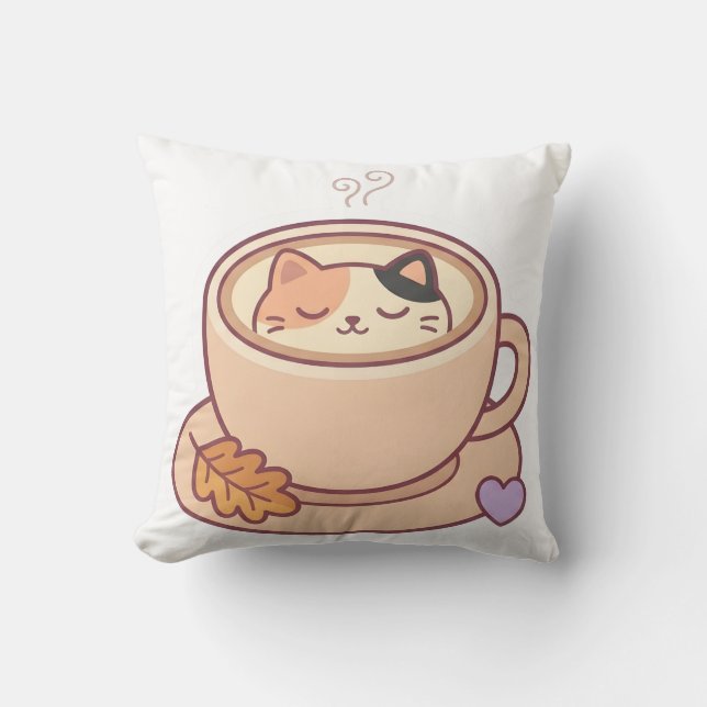 Coussin de jeté de tasse à café de chat mignon Kaw (Recto)