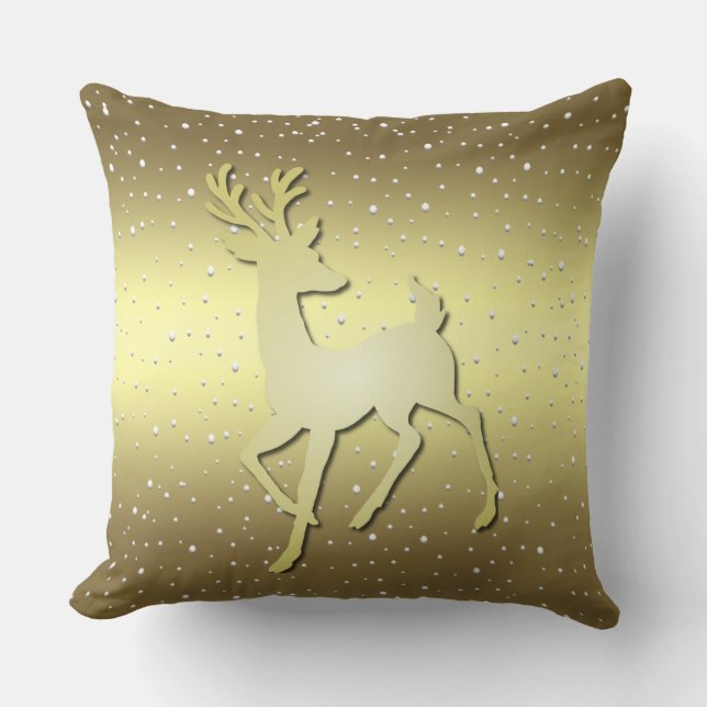 Coussin de jeté de vacances enneigé de renne doré (Recto)